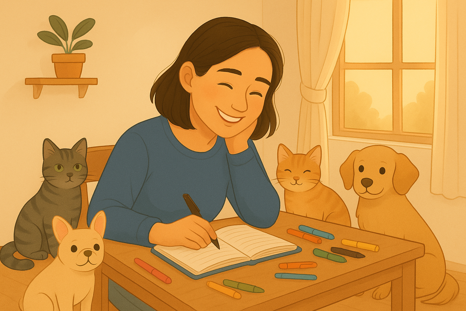 Organização para estudo de concursos públicos: mulher estudando com pets em ambiente tranquilo e iluminado